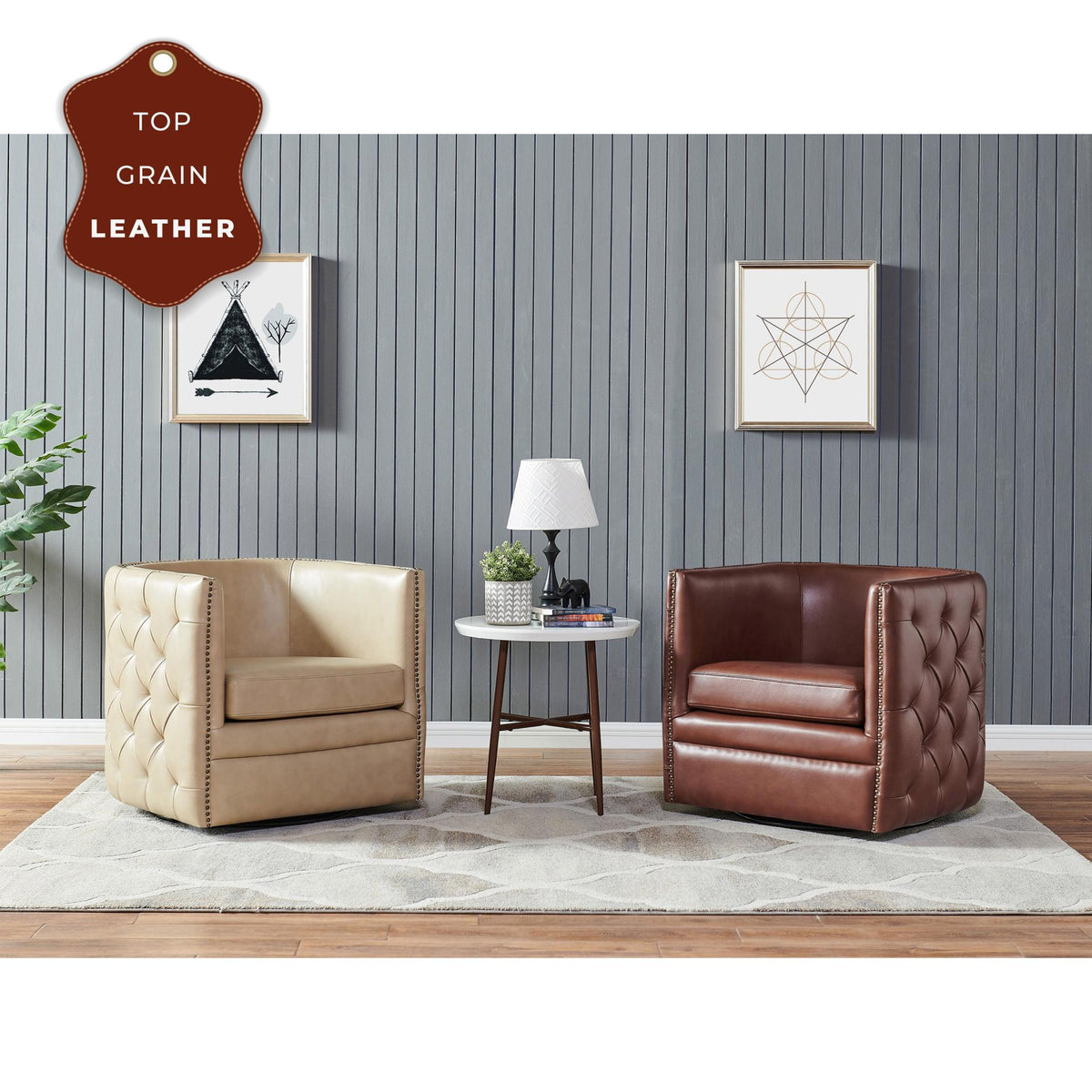 New Pacific Direct Leslie Top Grain Leather Swivel Tufted Chair  - 1900152-427