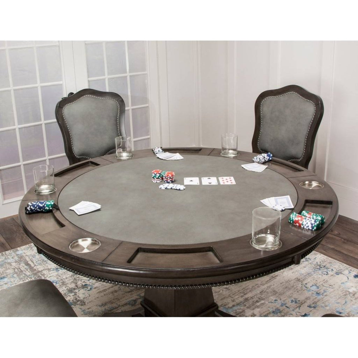 Sunset Trading 48" Round Vegas Dining and Poker Table | Reversible Game Top | Gray Wood - CR-87711-TB