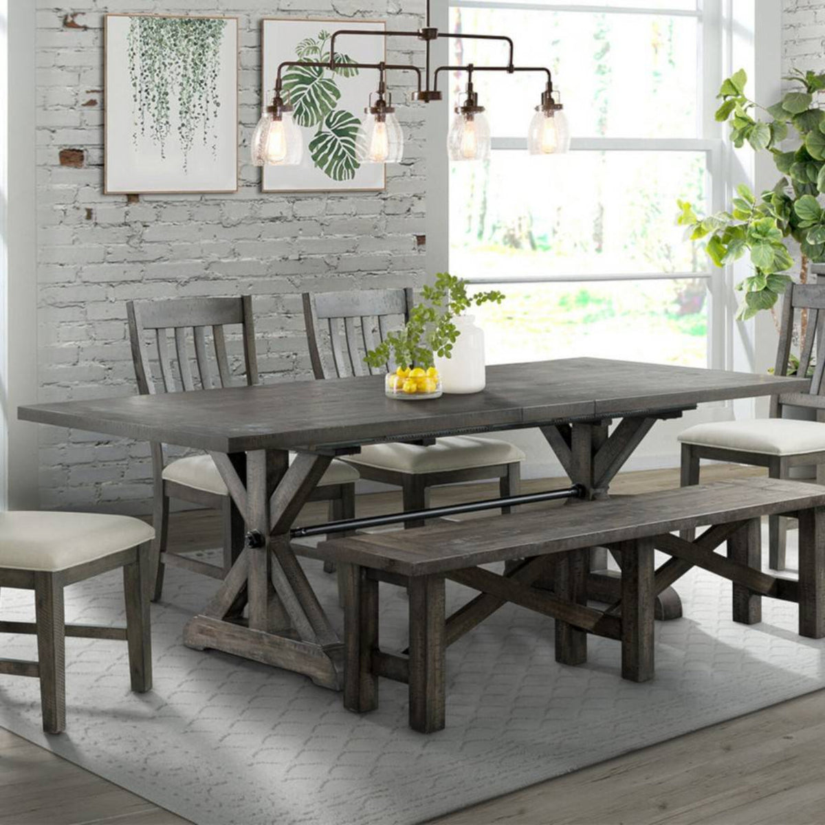 Sunset Trading Trestle 96" Rectangular Extension Pedestal Dining Table | Distressed Gray Wood -  ED-SK100
