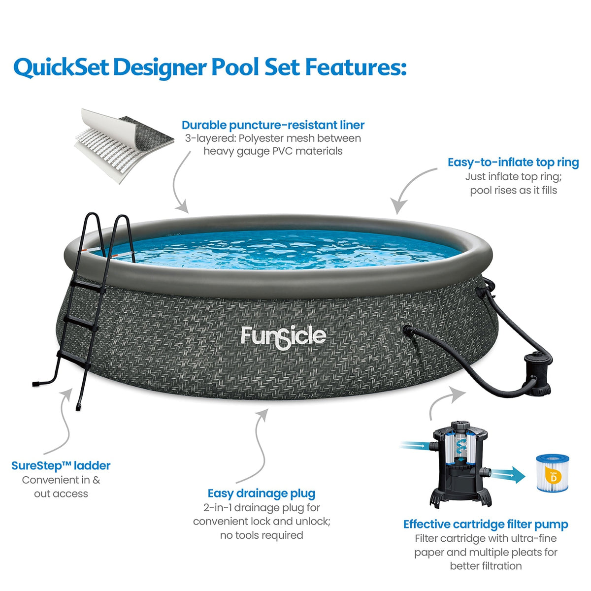 Funsicle 14' x 36" QuickSet Ring Top Above Ground Swimming Pool, Herringbone