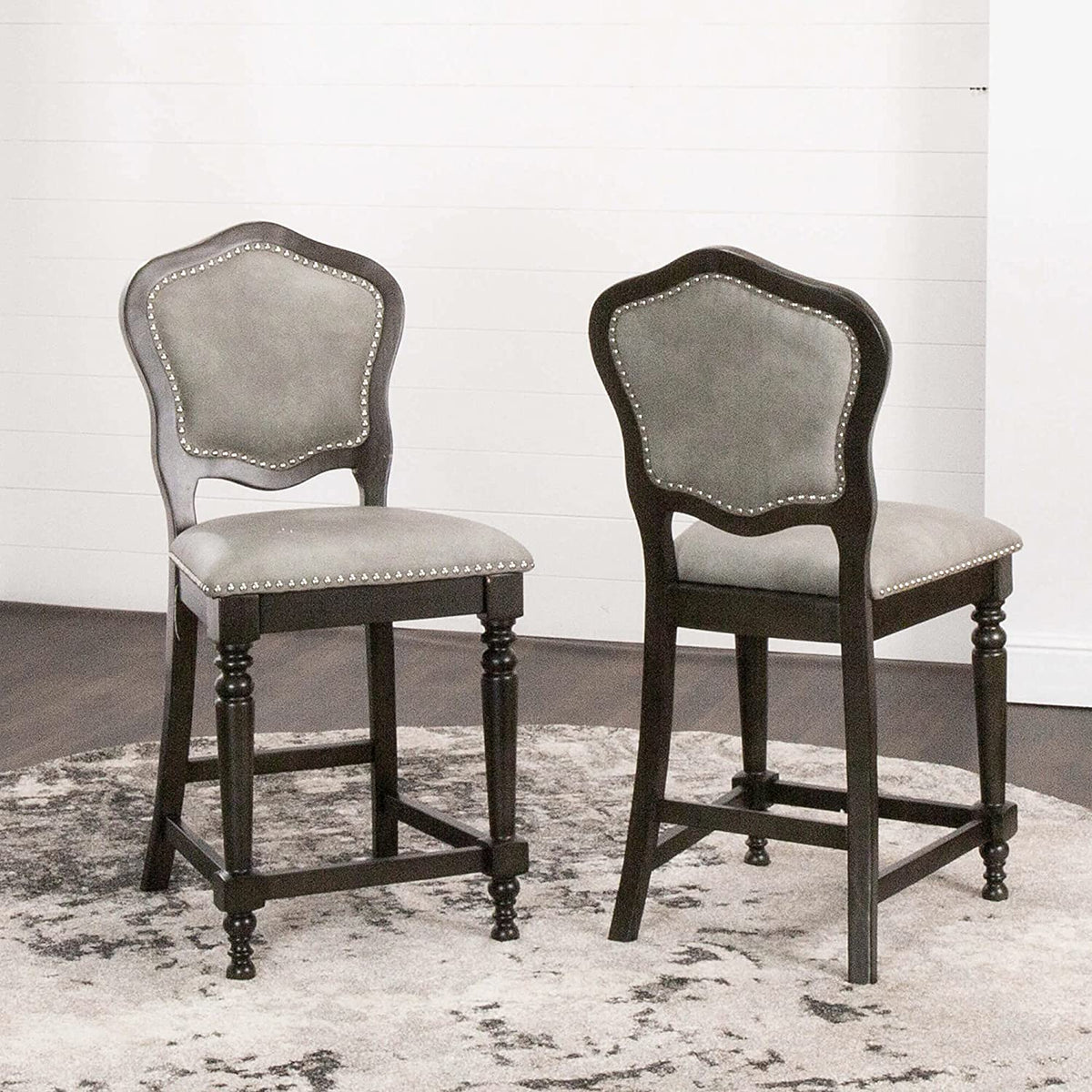 Sunset Trading Vegas Upholstered Barstools with Backs | Counter Height Dining Chairs | Distressed Gray Wood | Nailheads | Set of 2 -  CR-87711-24-2