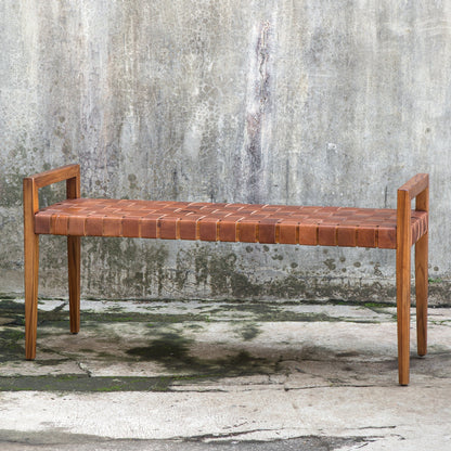 Uttermost Plait Woven Leather Bench 25474