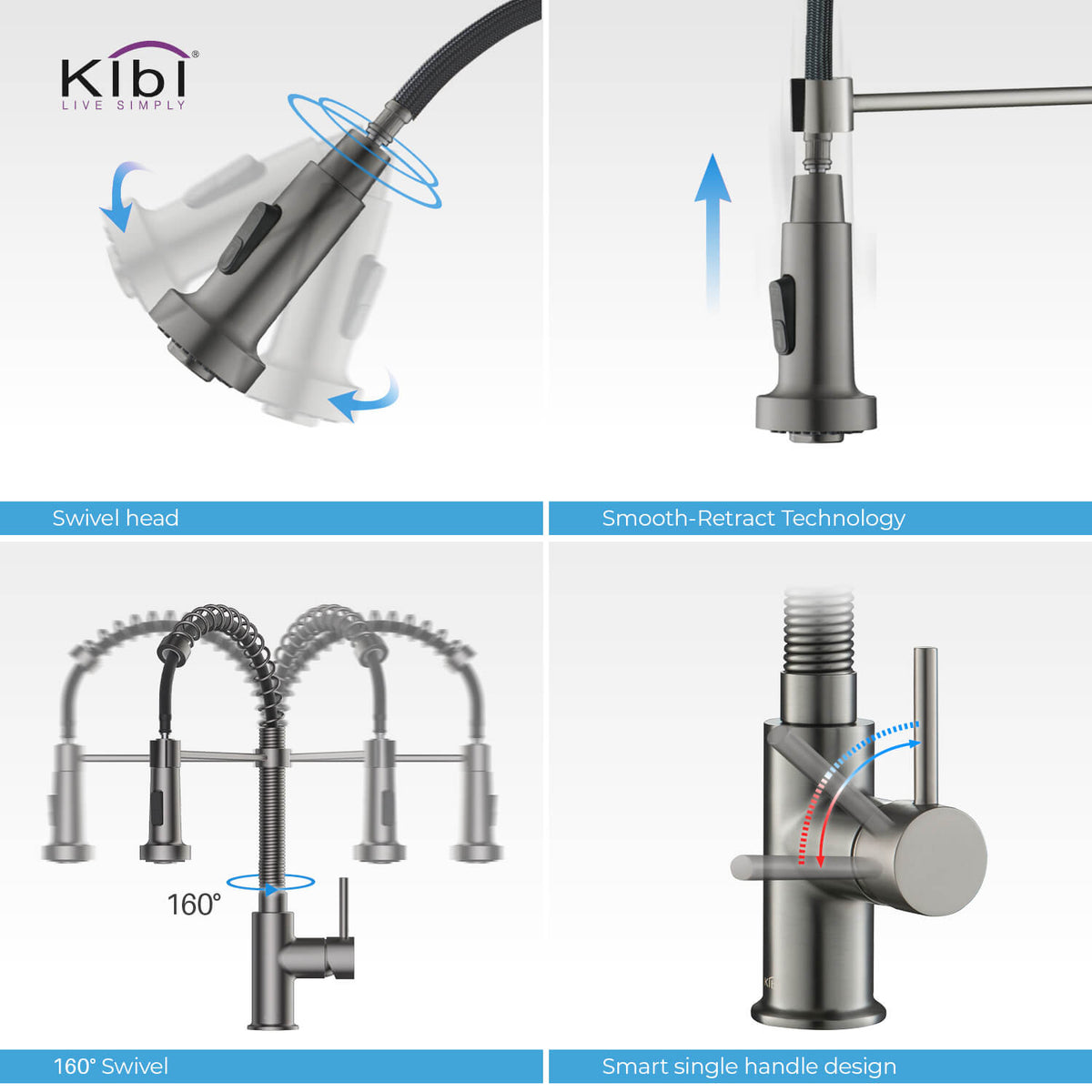 Kibi Aurora Single Handle High Arc Pull Down Kitchen Faucet In Titanium Finish - KKF2003TT