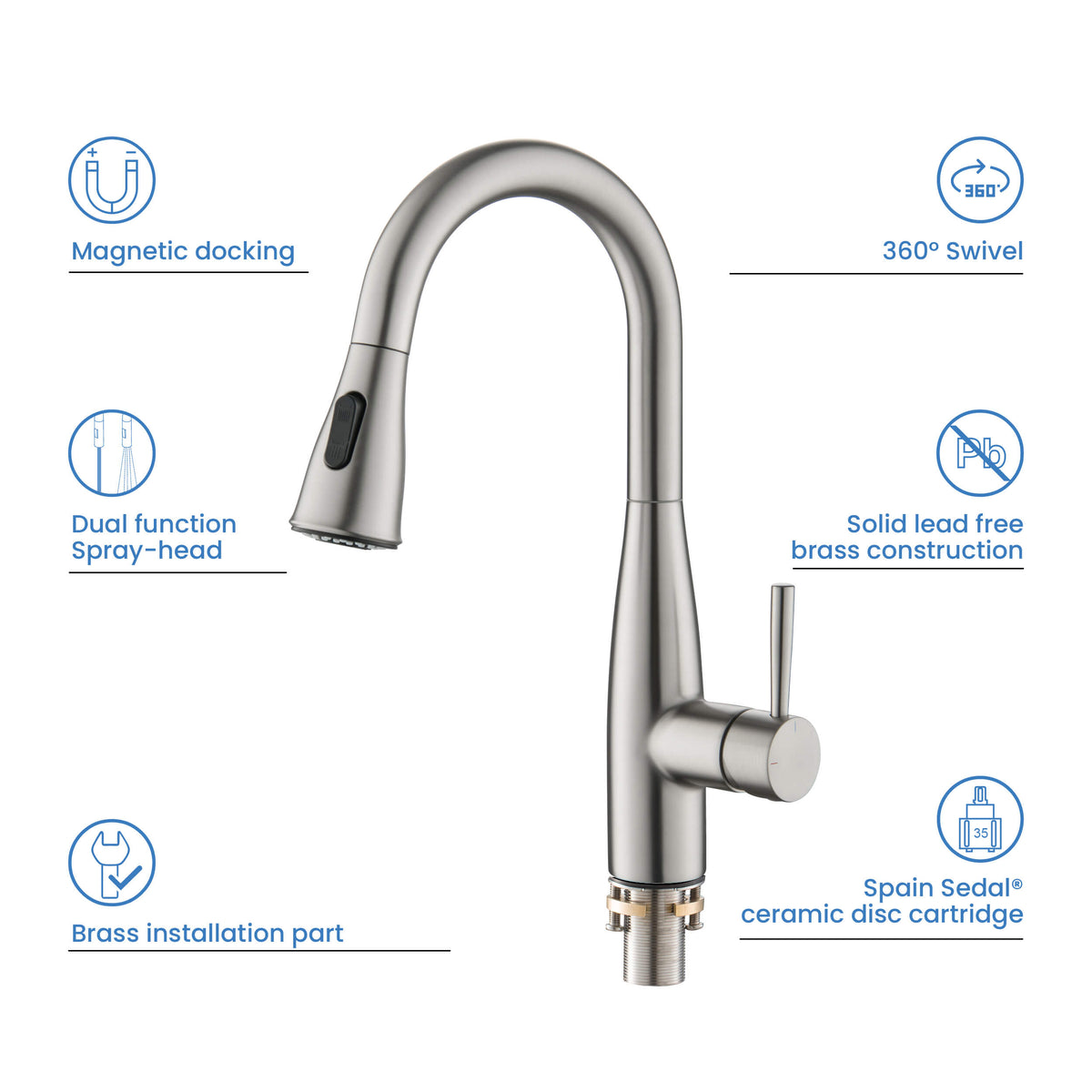 Kibi Bari Single Handle Pull Down Kitchen and Bar Sink Faucet in Brushed Nickel Finish - KKF2015BN