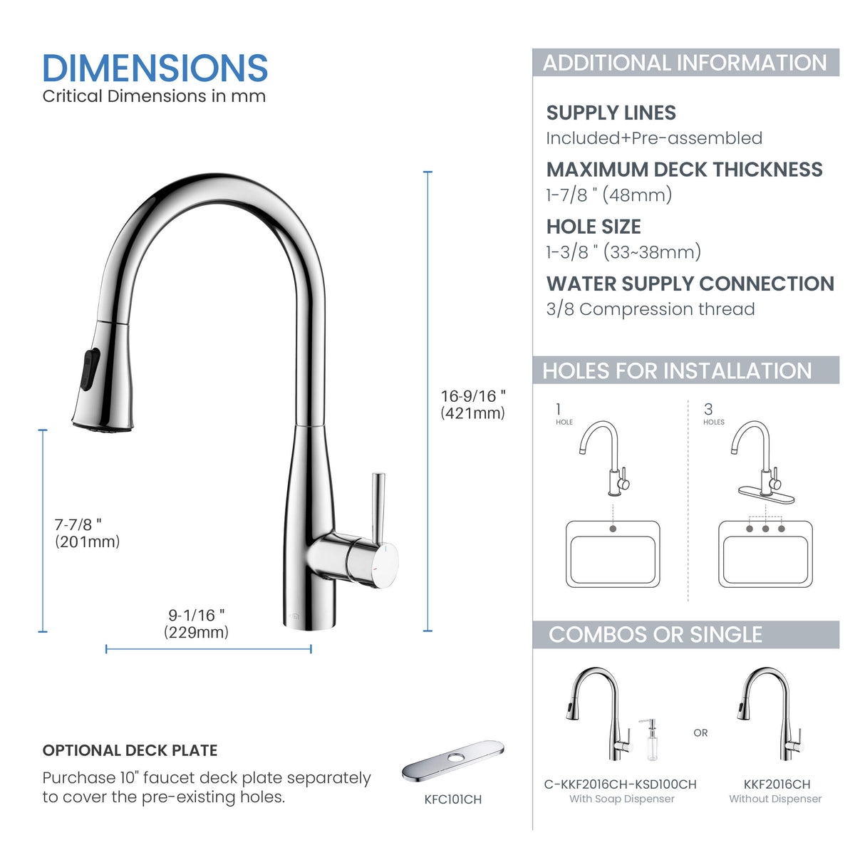 Kibi Bari-T Single Handle Pull Down Kitchen Sink Faucet With Soap Dispenser in Chrome Finish - C-KKF2016CH-KSD100CH