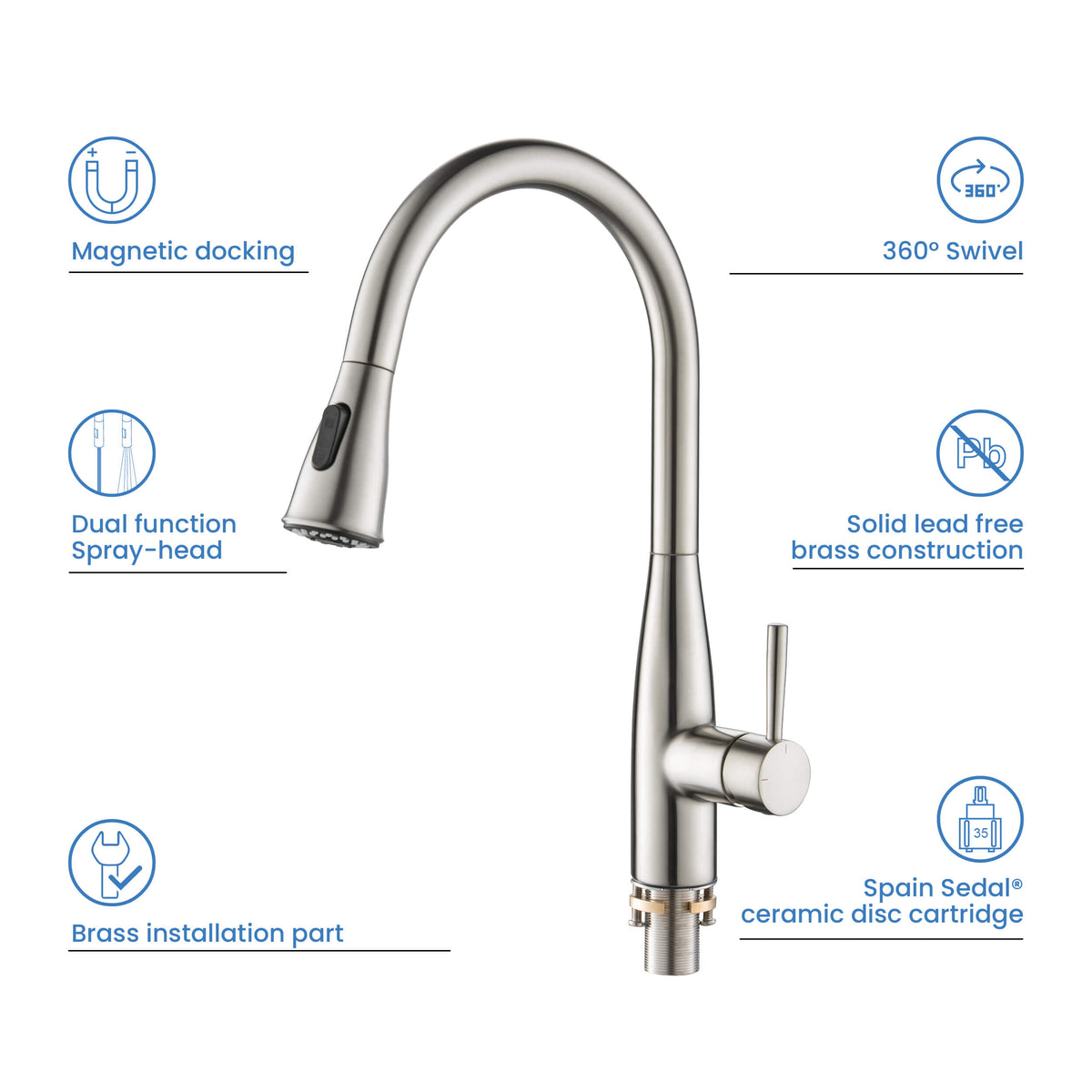 Kibi Bari-T Single Handle Pull Down Kitchen Sink Faucet in Brushed Nickel Finish - KKF2016BN