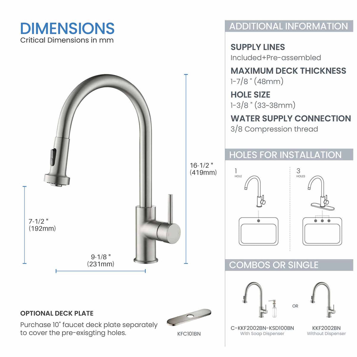 Kibi Casa Single Handle High Arc Pull Down Kitchen Faucet in Brushed Nickel Finish - KKF2002BN