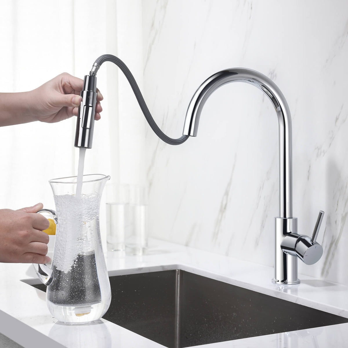 Kibi Circular Single Handle Pull Down Kitchen Faucet With Soap Dispenser in Chrome Finish - C-KKF2013CH-KSD100CH