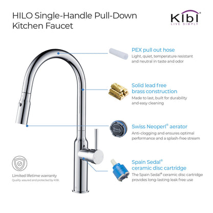 Kibi Hilo Single Handle High Arc Pull Down Kitchen Faucet With Soap Dispenser in Chrome Finish - C-KKF2008CH-KSD100CH