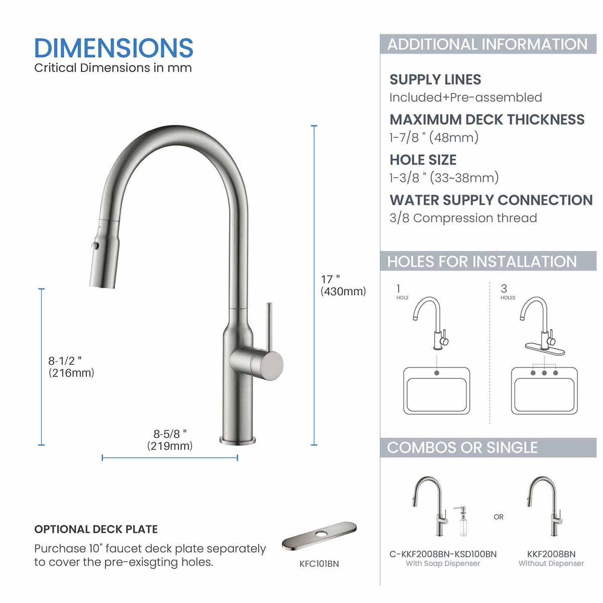 Kibi Hilo Single Handle High Arc Pull Down Kitchen Faucet in Brushed Nickel Finish - KKF2008BN