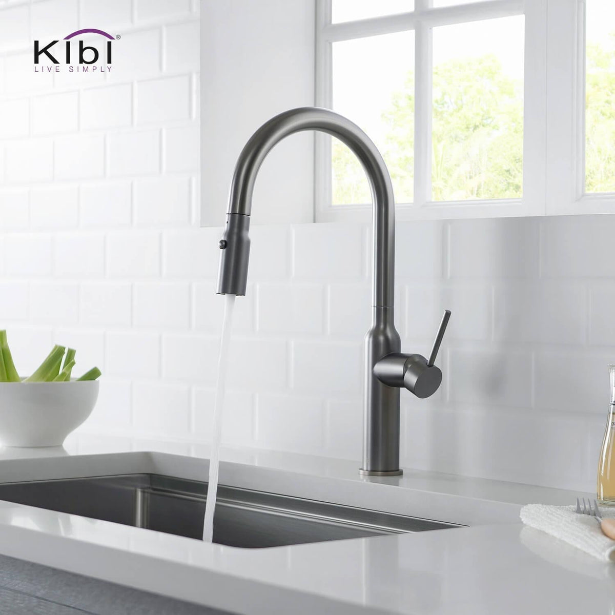 Kibi Hilo Single Handle High Arc Pull Down Kitchen Faucet in Titanium Finish - KKF2008TT