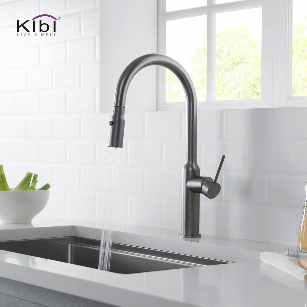 Kibi Hilo Single Handle High Arc Pull Down Kitchen Faucet in Titanium Finish - KKF2008TT