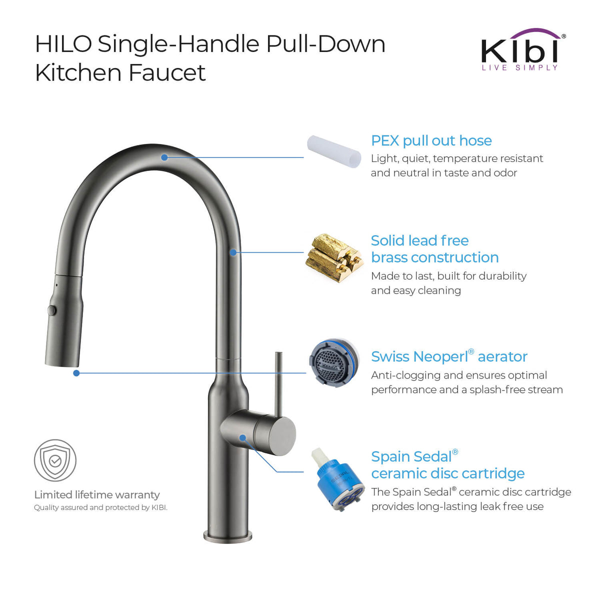 Kibi Hilo Single Handle High Arc Pull Down Kitchen Faucet in Titanium Finish - KKF2008TT