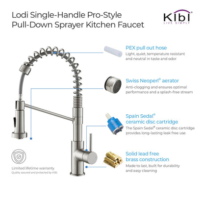 Kibi Lodi Single Handle High Arc Pull Down Kitchen Faucet IN Brushed Nickel Finish - KKF2004BN
