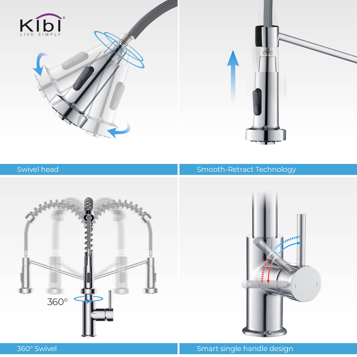 Kibi Lodi Single Handle High Arc Pull Down Kitchen Faucet In Chrome Finish - KKF2004CH