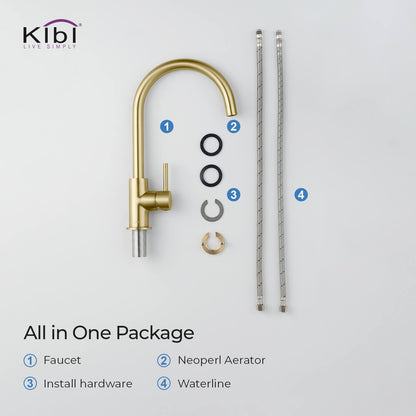 Kibi Lowa Single Handle High Arc Kitchen Bar Sink Faucet With Soap Dispenser in Brushed Gold Finish - C-KKF2001BG-KSD100BG