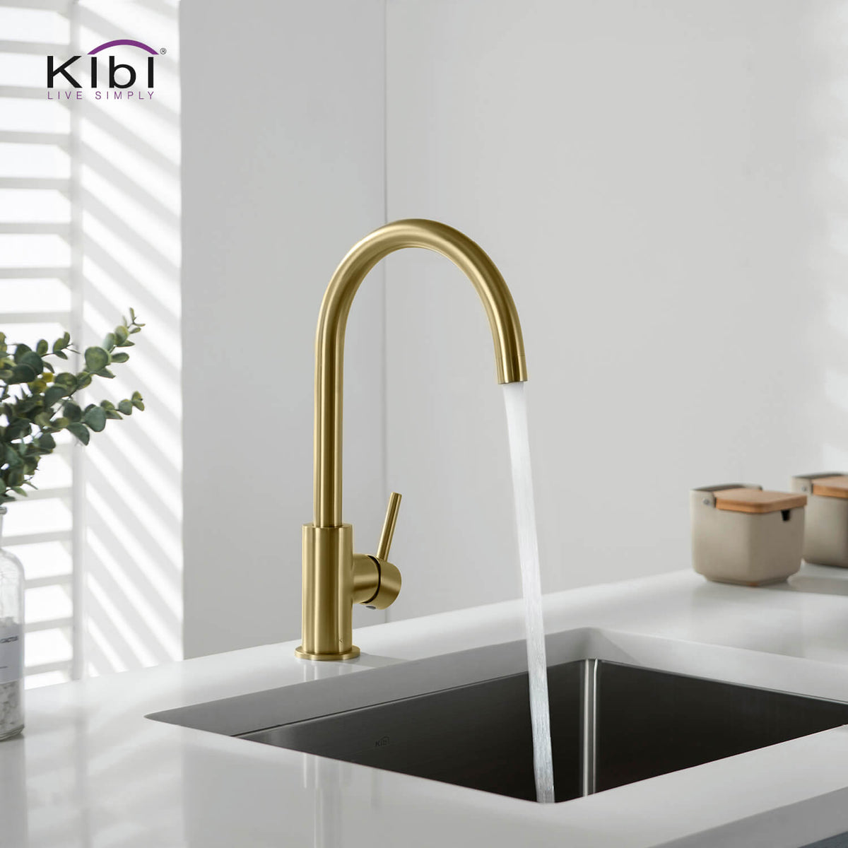 Kibi Lowa Single Handle High Arc Kitchen Bar Sink Faucet With Soap Dispenser in Brushed Gold Finish - C-KKF2001BG-KSD100BG