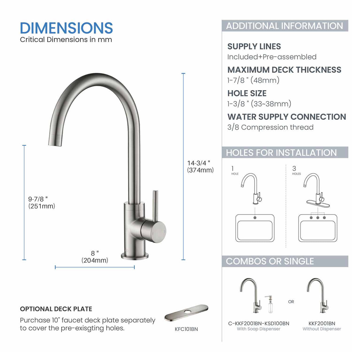 Kibi Lowa Single Handle High Arc Kitchen Bar Sink Faucet With Soap Dispenser in Brushed Nickel Finish - C-KKF2001BN-KSD100BN