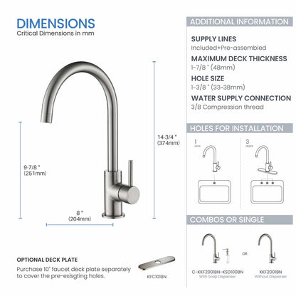 Kibi Lowa Single Handle High Arc Kitchen Bar Sink Faucet With Soap Dispenser in Brushed Nickel Finish - C-KKF2001BN-KSD100BN