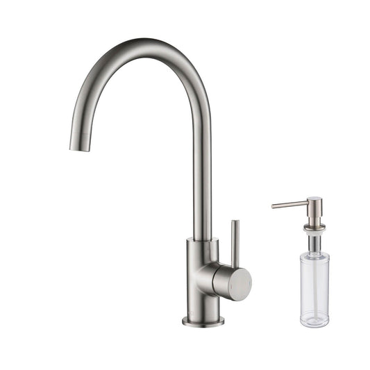 Kibi Lowa Single Handle High Arc Kitchen Bar Sink Faucet With Soap Dispenser in Brushed Nickel Finish - C-KKF2001BN-KSD100BN