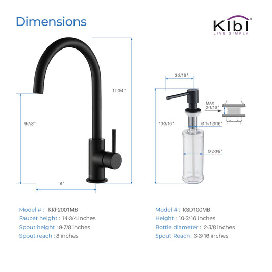 Kibi Lowa Single Handle High Arc Kitchen Bar Sink Faucet With Soap Dispenser in Matte Black Finish - C-KKF2001MB-KSD100MB