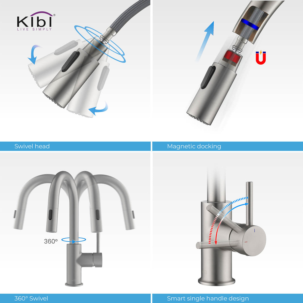 Kibi Luxe Single Handle High Arc Pull Down Kitchen Faucet With Soap Dispenser in Brushed Nickel Finish - C-KKF2011BN-KSD100BN