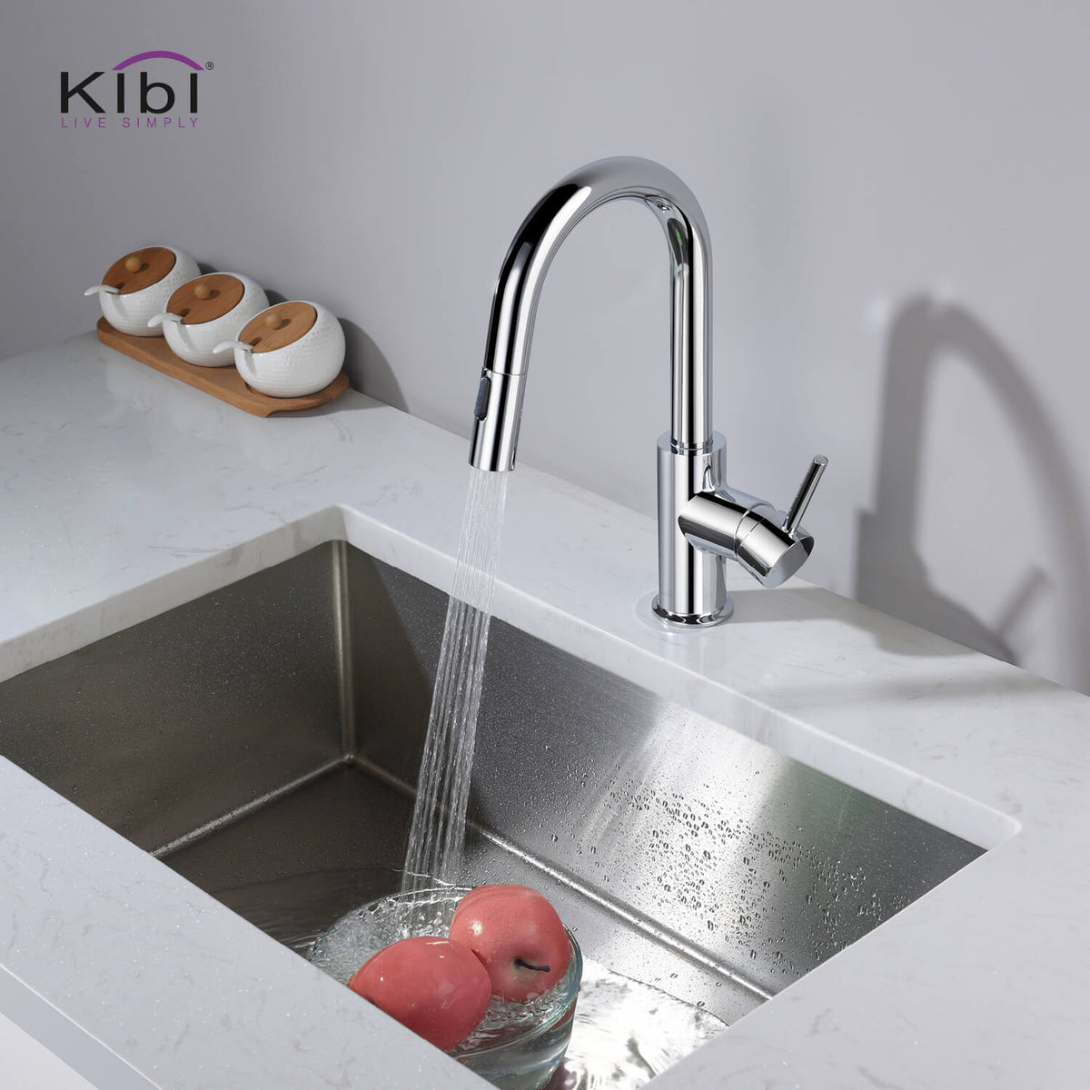 Kibi Luxe Single Handle High Arc Pull Down Kitchen Faucet With Soap Dispenser in Chrome Finish - C-KKF2011CH-KSD100CH