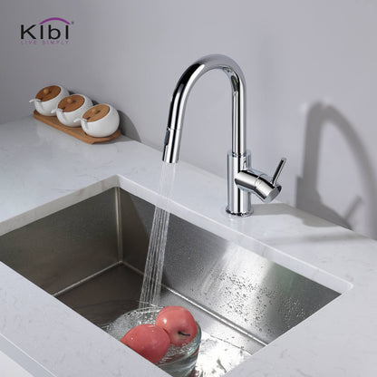 Kibi Luxe Single Handle High Arc Pull Down Kitchen Faucet With Soap Dispenser in Chrome Finish - C-KKF2011CH-KSD100CH