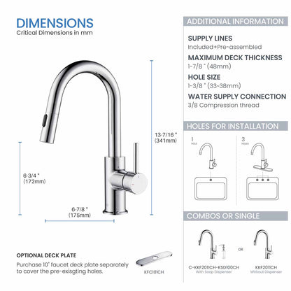 Kibi Luxe Single Handle High Arc Pull Down Kitchen Faucet With Soap Dispenser in Chrome Finish - C-KKF2011CH-KSD100CH