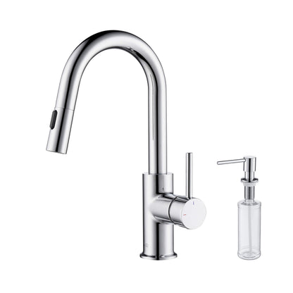 Kibi Luxe Single Handle High Arc Pull Down Kitchen Faucet With Soap Dispenser in Chrome Finish - C-KKF2011CH-KSD100CH