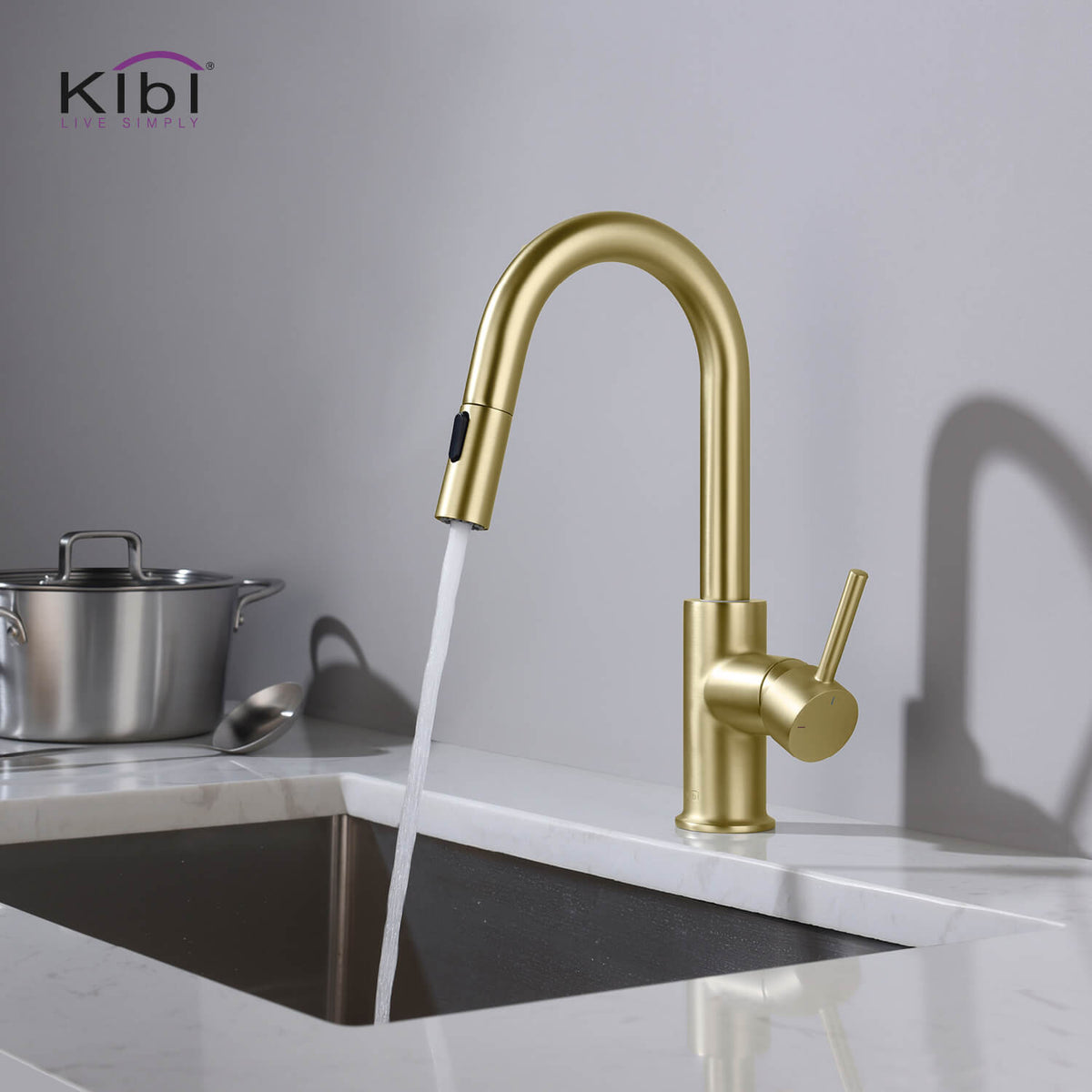 Kibi Luxe Single Handle High Arc Pull Down Kitchen Faucet in Brushed Gold Finish - KKF2011BG