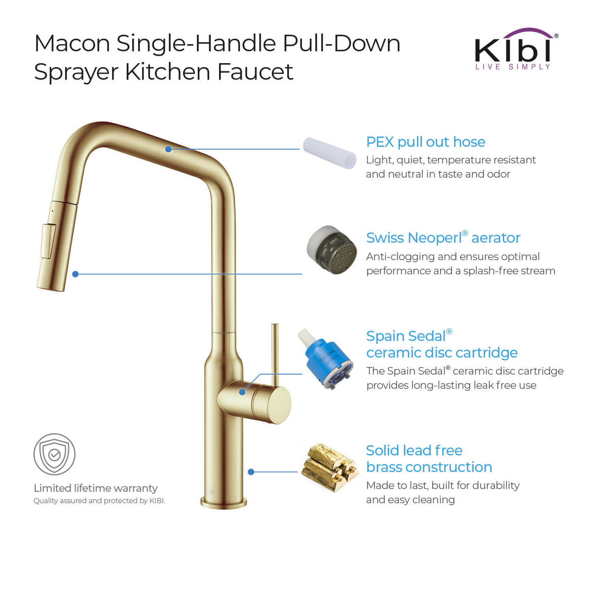 Kibi Macon Single Handle High Arc Pull Down Kitchen Faucet With Soap Dispenser in Brushed Gold Finish - C-KKF2007BG-KSD100BG