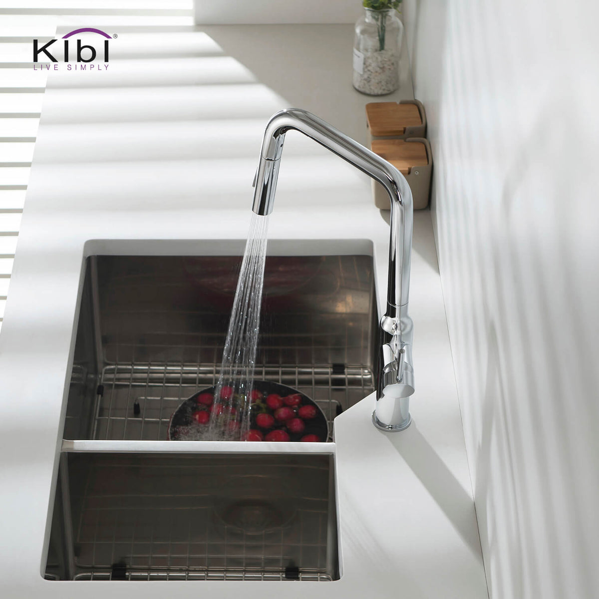 Kibi Macon Single Handle High Arc Pull Down Kitchen Faucet With Soap Dispenser in Chrome Finish - C-KKF2007CH-KSD100CH