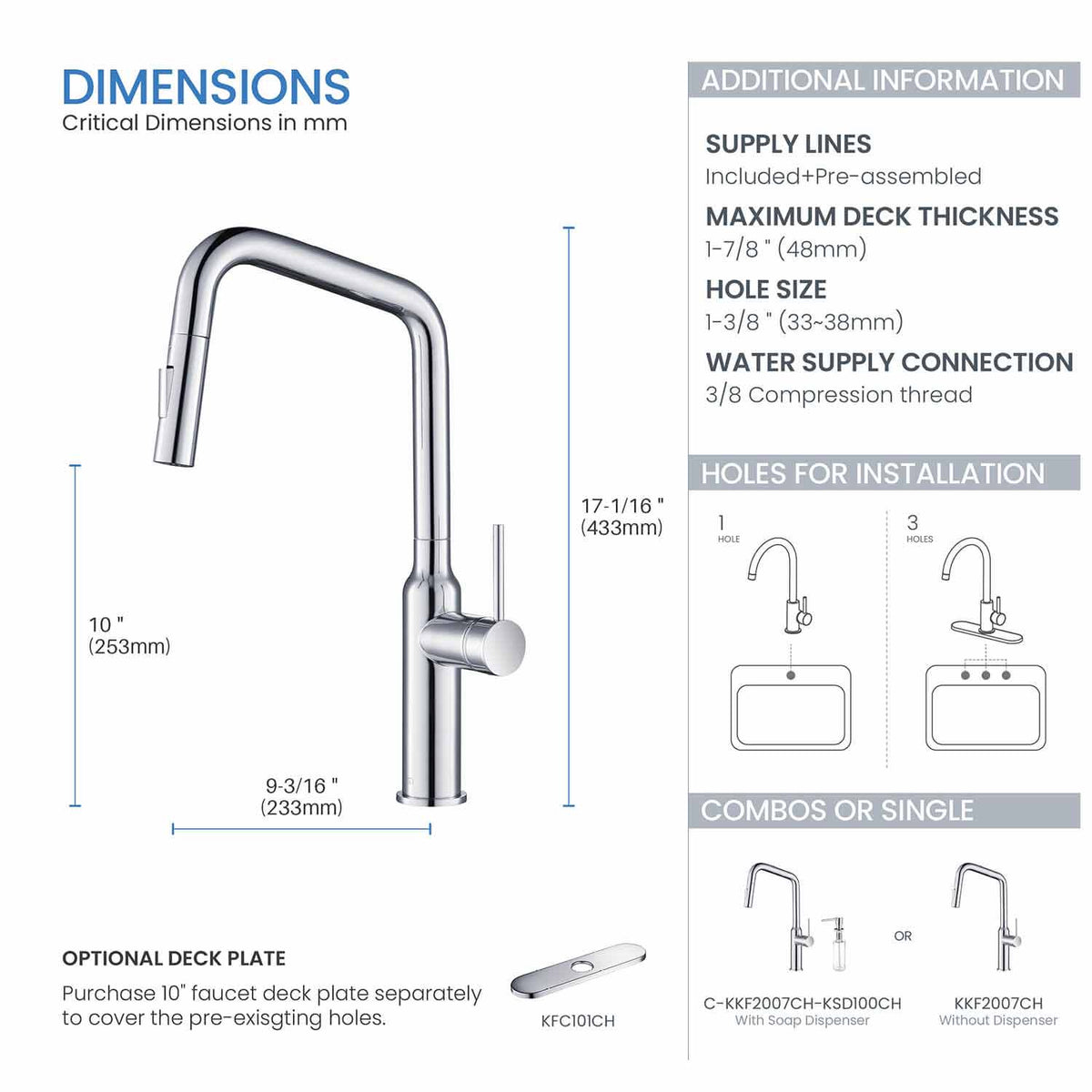 Kibi Macon Single Handle High Arc Pull Down Kitchen Faucet With Soap Dispenser in Chrome Finish - C-KKF2007CH-KSD100CH