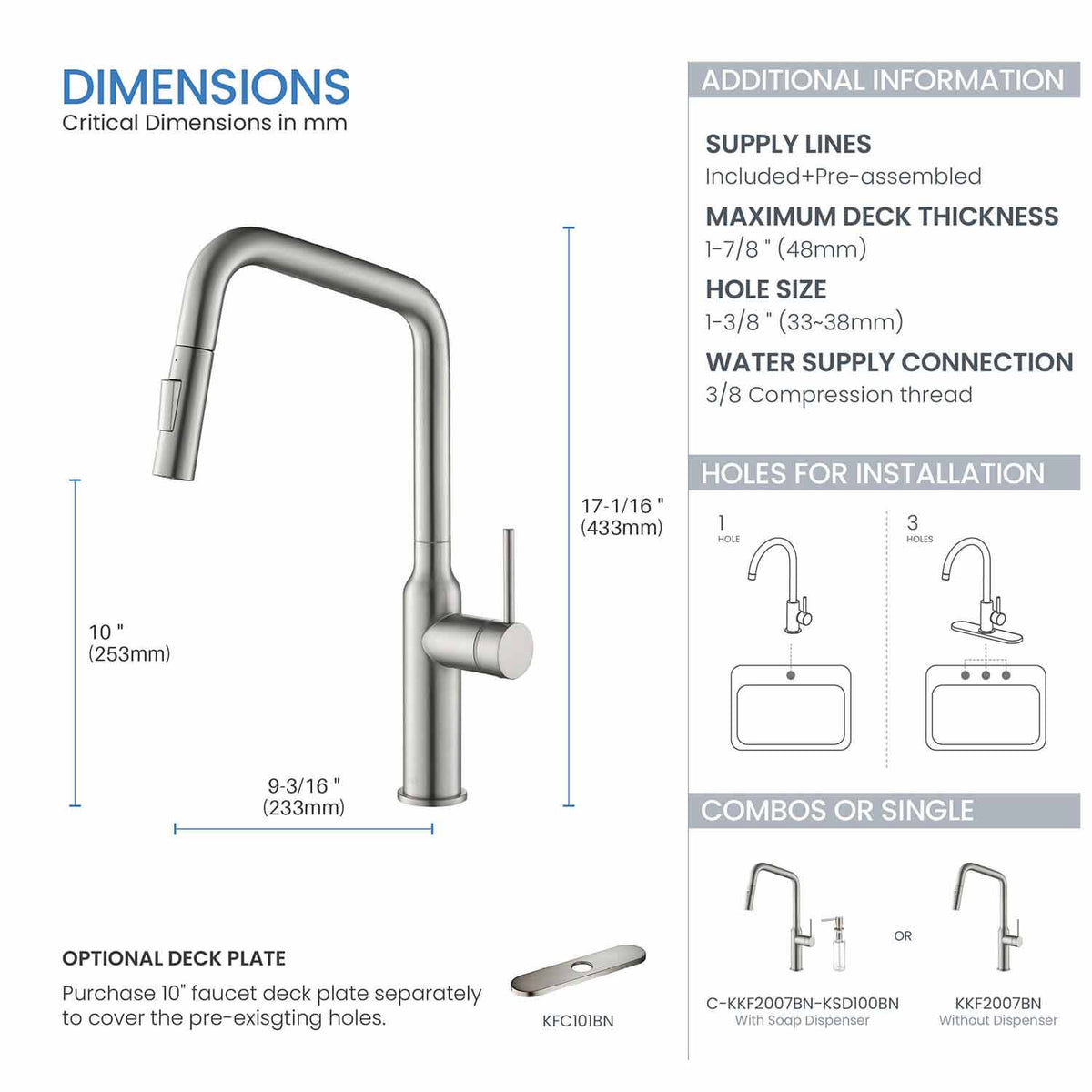 Kibi Macon Single Handle High Arc Pull Down Kitchen Faucet in Brushed Nickel Finish - KKF2007BN