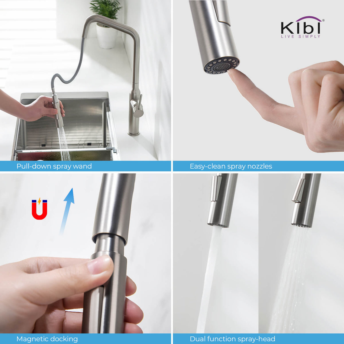 Kibi Macon Single Handle High Arc Pull Down Kitchen Faucet in Brushed Nickel Finish - KKF2007BN
